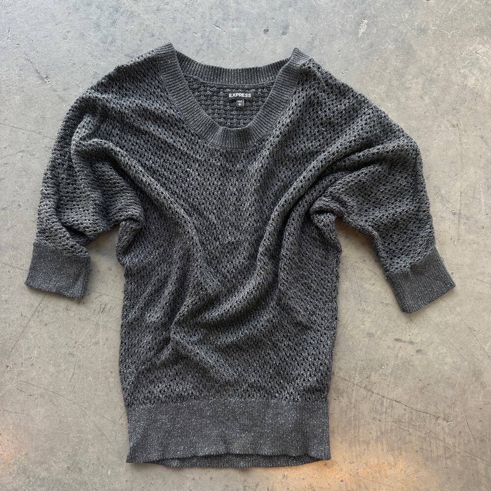Vintage Y2k Express Grey Knit 3/4 Sleeve Shimmer Sweater Women's Small